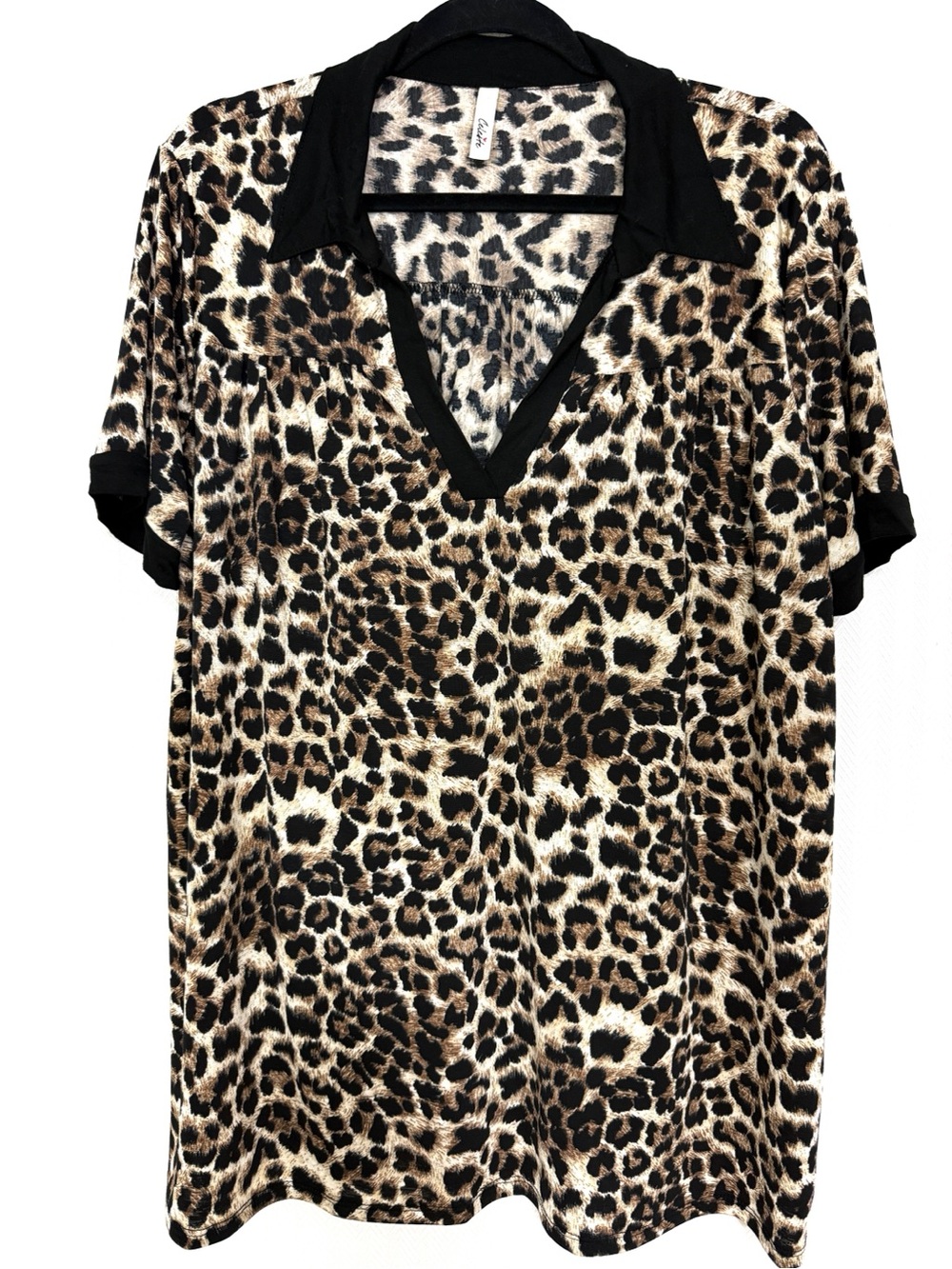 Celeste Leopard Print V-Neck Blouse with Black Trim Size XL